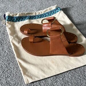 Tory Burch Brown Leather Slide Sandals with Gold Ring Detail